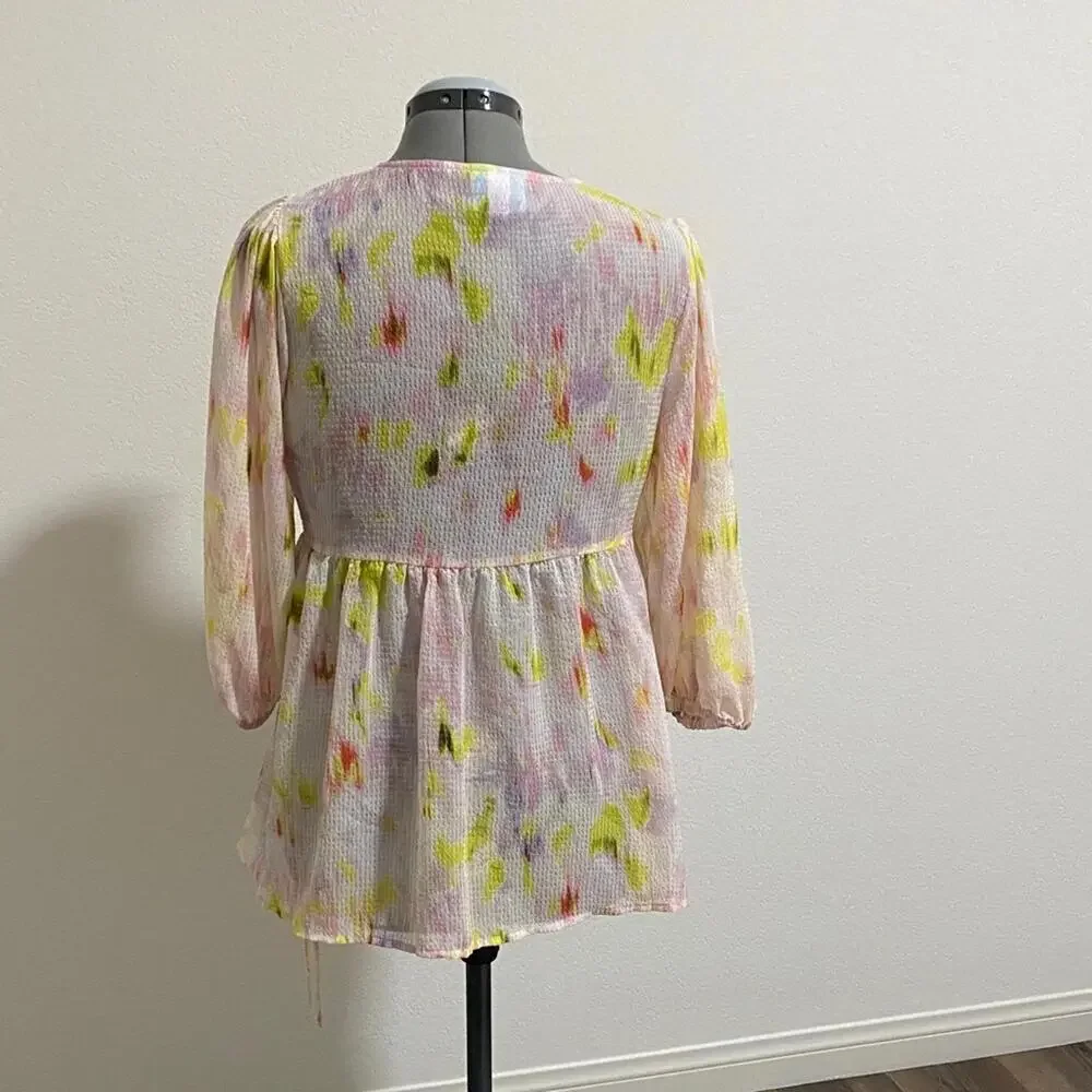 Pink Yellow Sheer Wrap Blouse Top Medium Whimsical Coquette Festive - Picture 2 of 4
